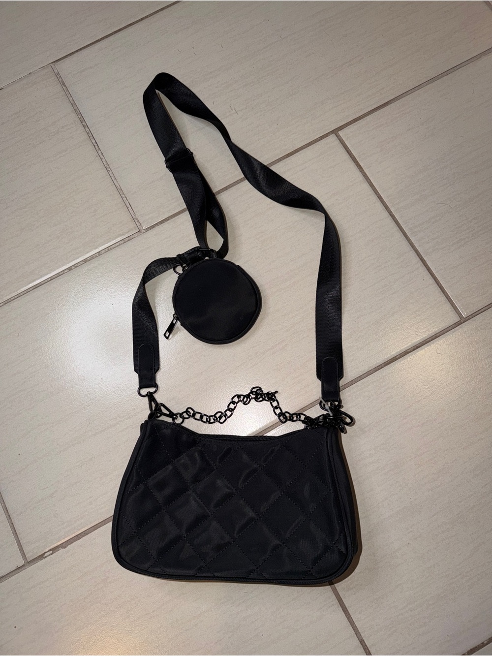 Black Quilted Crossbody Bag with Coin Pouch